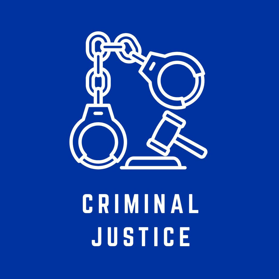 blue logo for criminal justice major, image is a drawing of handcuffs and a gavel